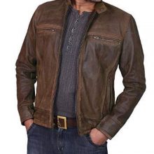 New Handmade Men's Military Brown Tough Lambskin Leather Biker Jacket
