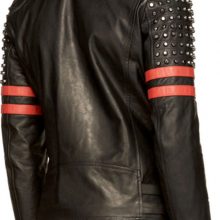 New Men Nikolai Back Red Half Silver Studded, Stripe Biker Leather Jacket