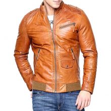 Men Fashion Cowhide Tan Brown Leather Motorcycle Slim fit Biker Bomber Jacket