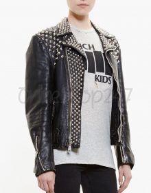 New Mens UK Flag Punk Vintage Full Silver Spiked Studded Brando Leather Jacket