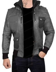 New Handmade Mens Hoodie Gray Lambskin Leather Jacket