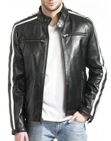 New Handmade Men's White Striped Black Cafe Racer Leather Jacket