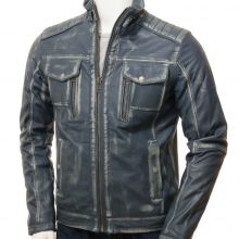 New Handmade Men's Cafe Racer Blue Waxed Leather Jacket