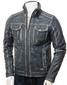 New Handmade Men's Cafe Racer Blue Waxed Leather Jacket