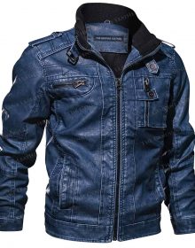 New Handmade Mens Blue Denim PU Biker Leather Jacket