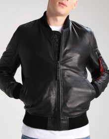 New Handmade Mens Casual Standing Collar Bomber Black Biker Leather Jacket