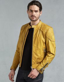 New Handmade Mens Padded Shoulder Yellow Café Racer Leather Jacket