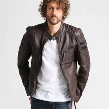 New Handmade Mens Standing Collar Anthrazit Cafe Racer Leather Jacket