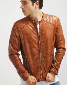 New Handmade Mens Standing Collar Leather Padded Shoulder Biker Jacket