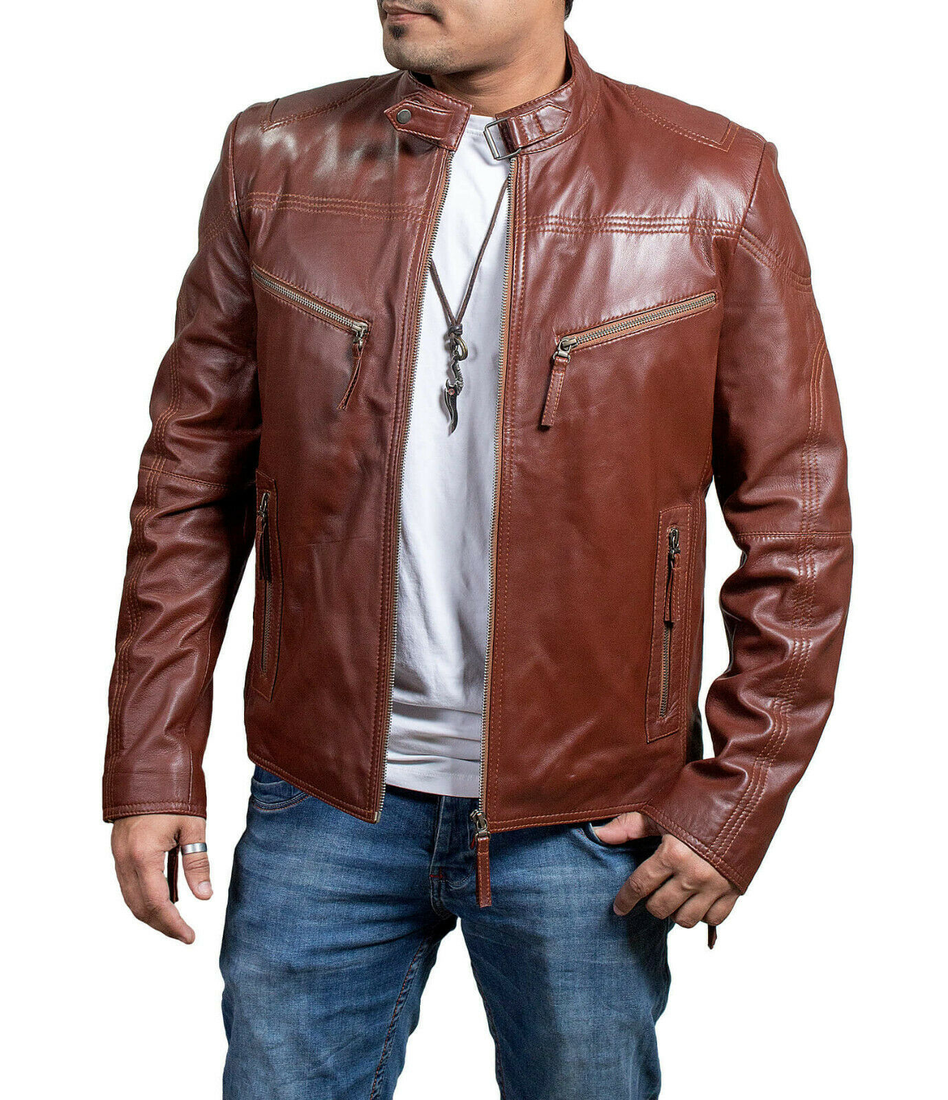  Men  Genuine Lambskin Leather  Motorcycle Slim fit Jacket  