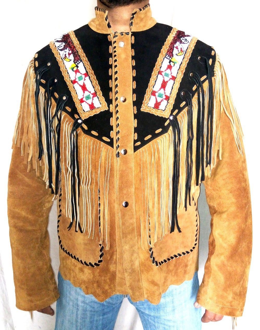 Western Suede Leather Wear Cowboy Handmade Fringe Beads Bones American Jacket 
