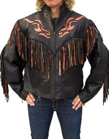 New Handmade Women's Western Black Orange Flame Fringe Leather Jacket