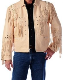 New Handmade Men Cowboy Leather Jacket,Western Cowboy Cream Color Fringe Jackets