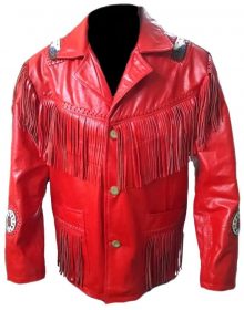 New Handmade Men Red Western Fringes Cowboy Genuine Real Leather Jacket
