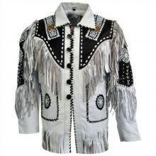 Two Tone Black White Bone Beads Fringes Western Cowboy Suede Real Leather Jacket