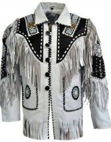 Two Tone Black White Bone Beads Fringes Western Cowboy Suede Real Leather Jacket