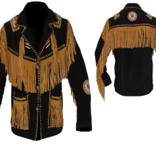 Men's New Native American Black Cow Suede Leather Fringes Bead Bone Jacket