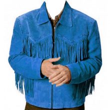 New Handmade Men's Western Native American Blue Fringes Cow Suede Leather Jacket