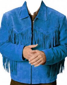 New Handmade Men's Western Native American Blue Fringes Cow Suede Leather Jacket