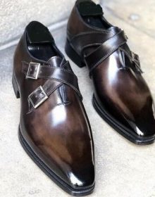 Men Cognac Brown Monks Patina Double Buckle Premium Quality Leather Dress Shoes