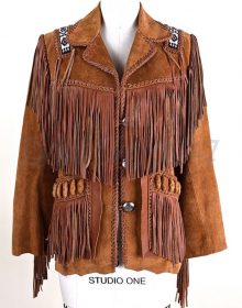 New Mens Traditional Brown American Western Suede Leather Fringes Beads Jacket