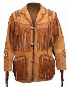 New Mens Traditional Brown American Western Suede Leather Fringes Beads Jacket