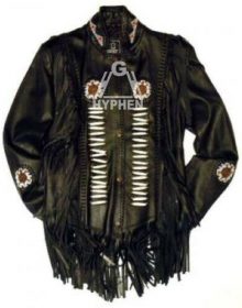 New Handmade Men's Western Style Handmade Black Cowboy Leather Fringes Bone Beads Jacket