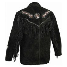 New Handmade Men's Native American Black Cow Suede Leather Fringes Beads Jacket