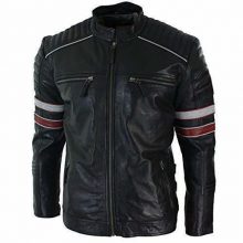 Men's Racing Black Biker Red White Stripes Real Leather Casual Fit black Jacket