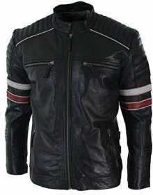 Men's Racing Black Biker Red White Stripes Real Leather Casual Fit black Jacket