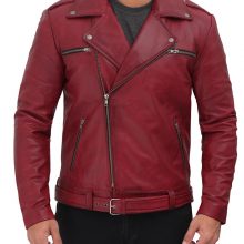 New Handmade Mens Negan Aymmetrical Leather Maroon Biker Jacket