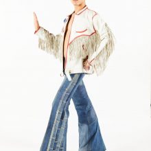 New Handmade Men's Vintage East West Musical Instruments White with Fringe and Hand Stitched Angel Olympian Cut outs Jumping Jack Leather Jacket