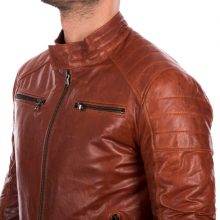 New Handmade Mens Italian Lamb lambskin slim fit cognac brown antiqued vintage biker jacket