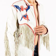 New Handmade Men's Vintage East West Musical Instruments White with Fringe and Hand Stitched Angel Olympian Cut outs Jumping Jack Leather Jacket