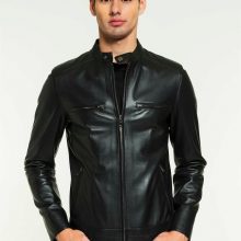 New Handmade Mens Black Leather Biker Shearling Lined Jacket