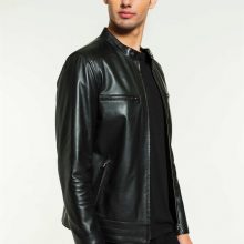 New Handmade Mens Black Leather Biker Shearling Lined Jacket