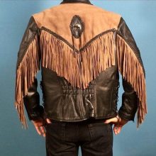 New Handmade Men's Black and Brown Leather Motorcycle Fringe Jacket