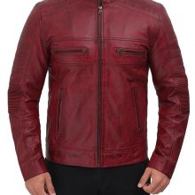New Handmade Mens Maroon Distressed Cafe Racer Leather Jacket