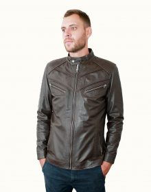 New Handmade Dark Brown Metal Zip Pockets Leather Jacket for Men