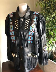 New Handmade Mens Black Pow Wow Leather Fringed & Beaded Jacket