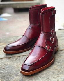 Handmade Men’s Burgundy Colour Quad Monk Strap Round Toe Ankle High Dress Boots
