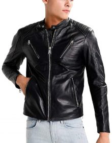 New Handmade Men's Black Biker Lamb-Skin Leather Jacket