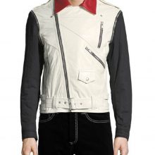 New Handmade Men's Red & White Biker Genuine Lamb-Skin Leather Jacket