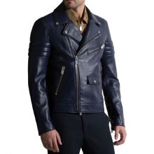 New Handmade Men's Biker Style Navy Blue Genuine Leather Jacket
