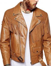 New Handmade Mens Asymmetrical Lambskin Leather Brown Fringe Jacket