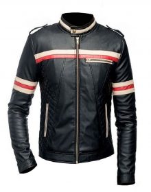 New Handmade Men's Cafe Racer Biker Style Motorcycle Genuine Leather Jacket Black with Red and White Stripes