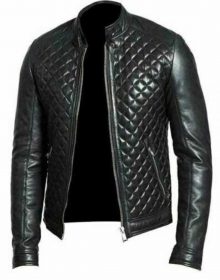 New Handmade Men’s Black Real Leather Racer Neck Quilted Biker Jacket