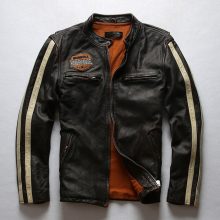 New Handmade Men's Fashion Brand Stripe Slim Fit Dark Brown Vintage Motorcycle Leather Jacket