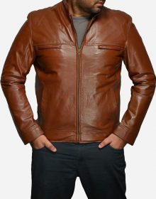 New Handmade Mens Stylish Tan Brown Biker Leather Jacket