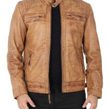 New Handmade Mens Distressed Camel Brown Quilted Leather Jacket